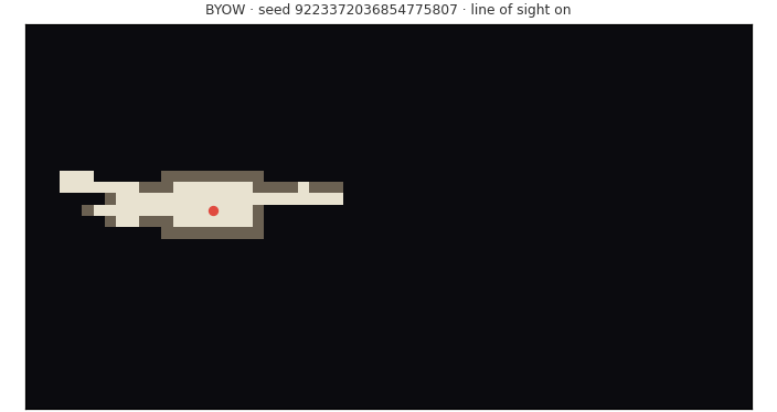Animated line-of-sight rendering walking through a procedurally generated world